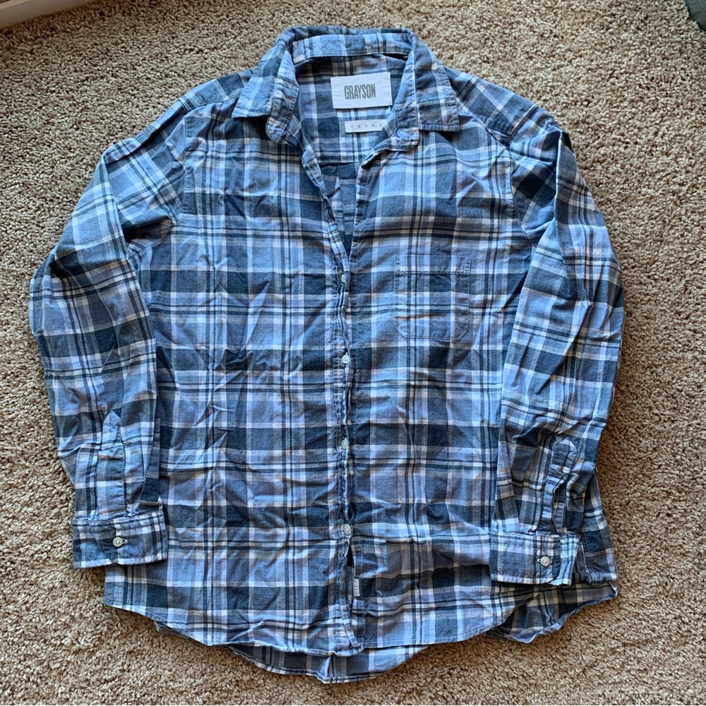 Grayson The Hero Shirt Size 04 Blue White Plaid Button Up Cotton Chest Pocket